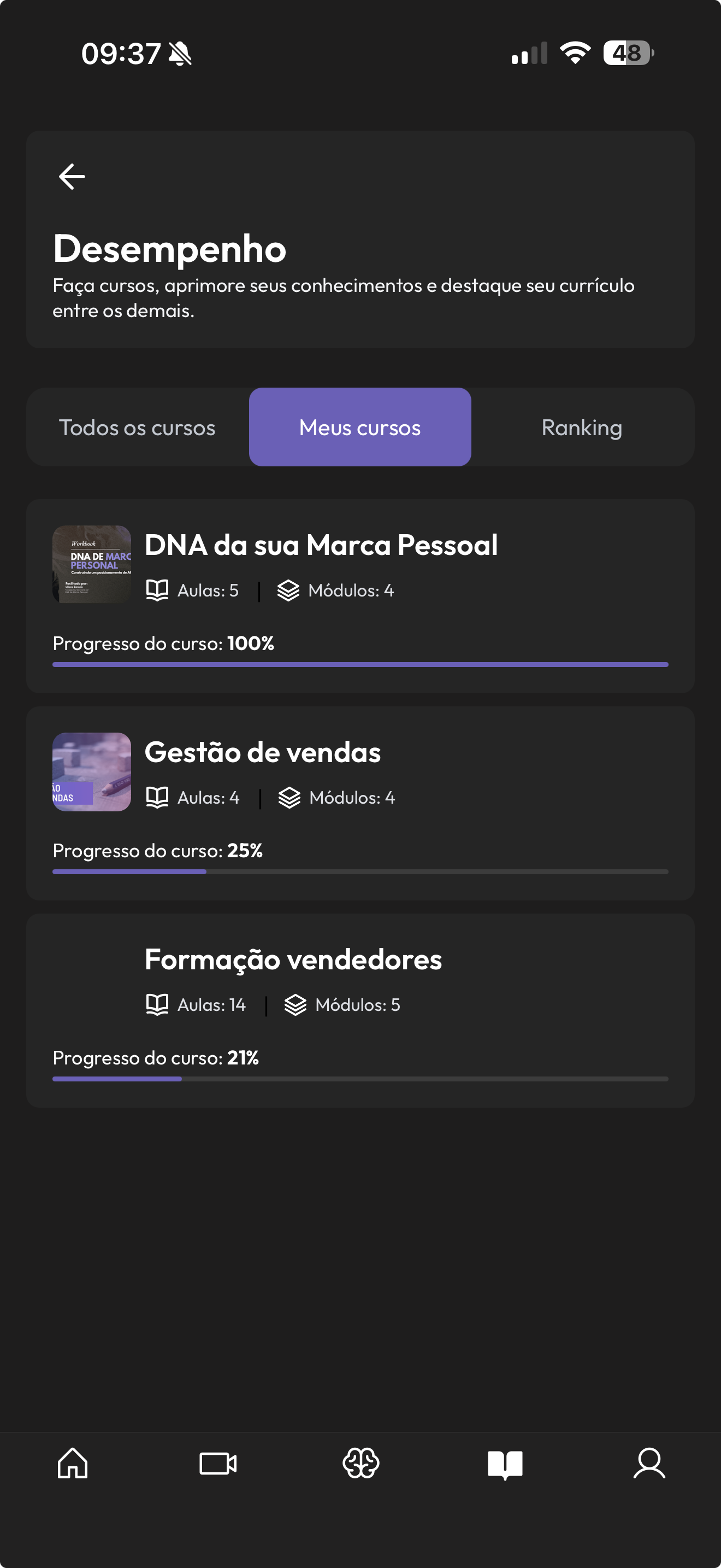 Tela do app PitchYn com cursos de desempenho e ranking