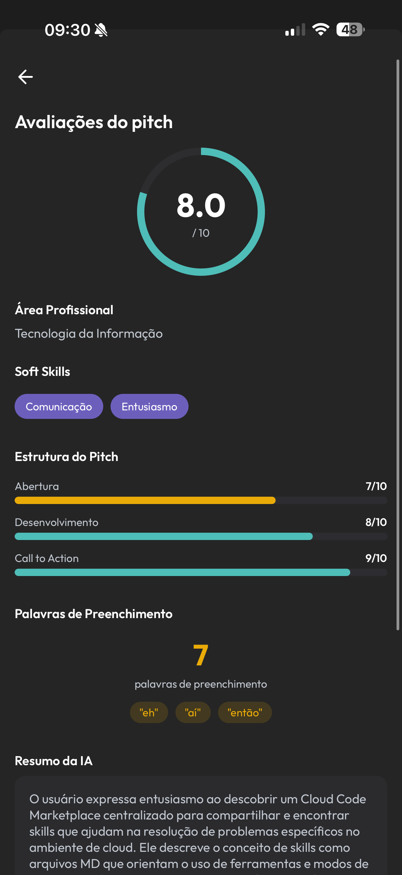 Tela do app PitchYn com avaliação detalhada do pitch