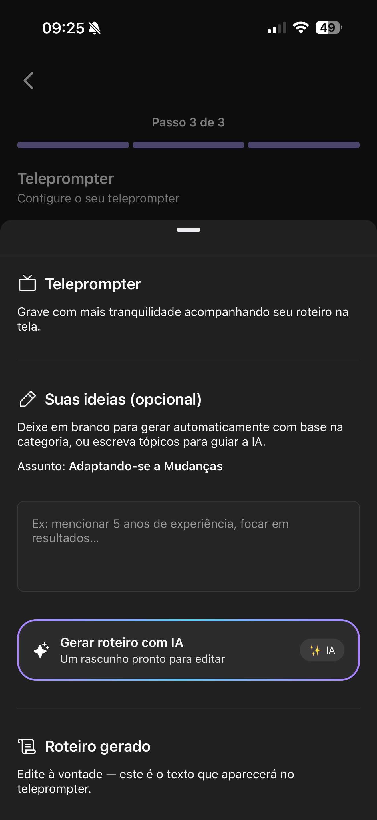 Tela do app PitchYn com teleprompter e botão de gerar roteiro com IA